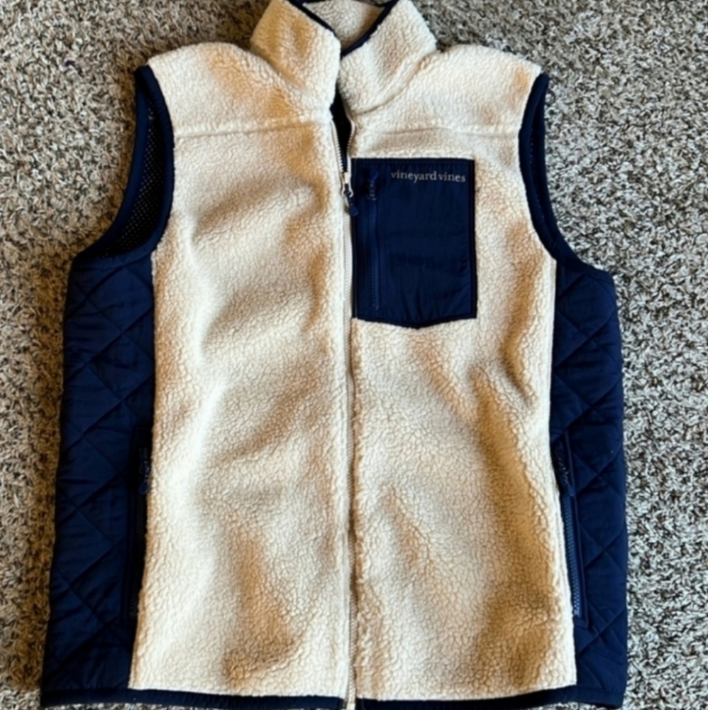 GUC Vineyard Vines Sherpa Vest Fleece Deep Pile Camel Tan Full Zip Size L LARGE